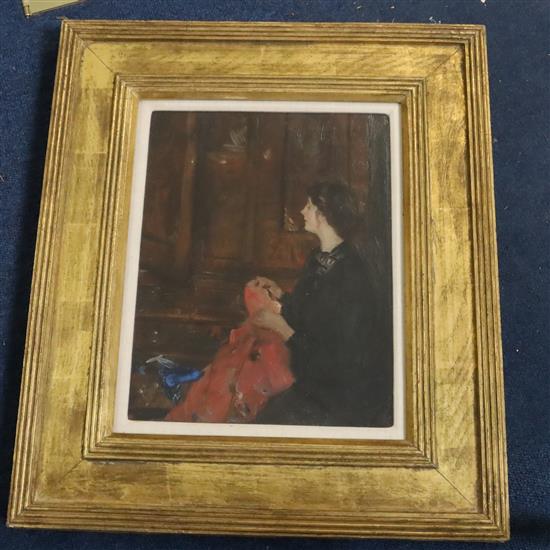 John Da Costa (1866-1931), Lady Sewing, gallery label verso, oil on board, 30 x 23cm